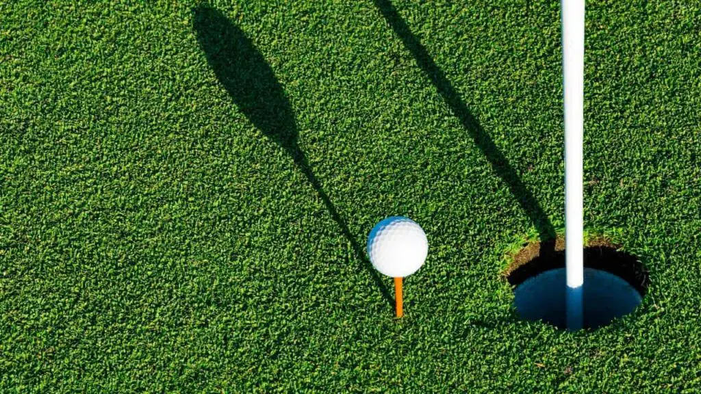 Golf ball on golf tee next to golf hole on green