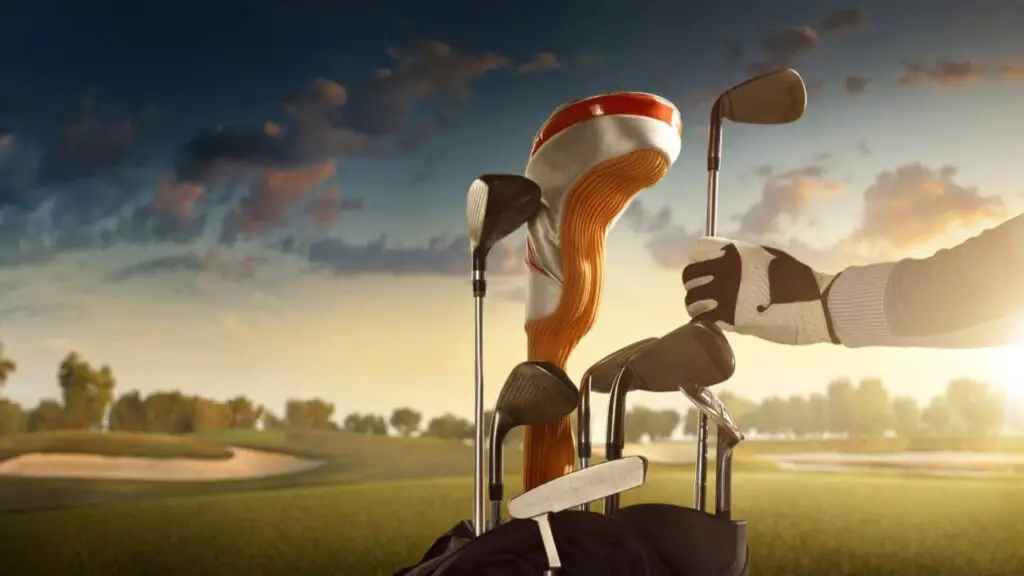 Golf clubs in golf bag on golf course green