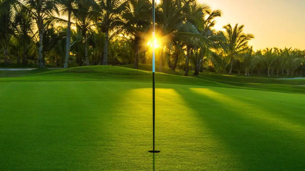 Golf course green and flag with sunset behind