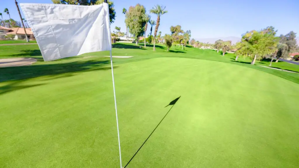 Lush green on golf course overseeing golf flag