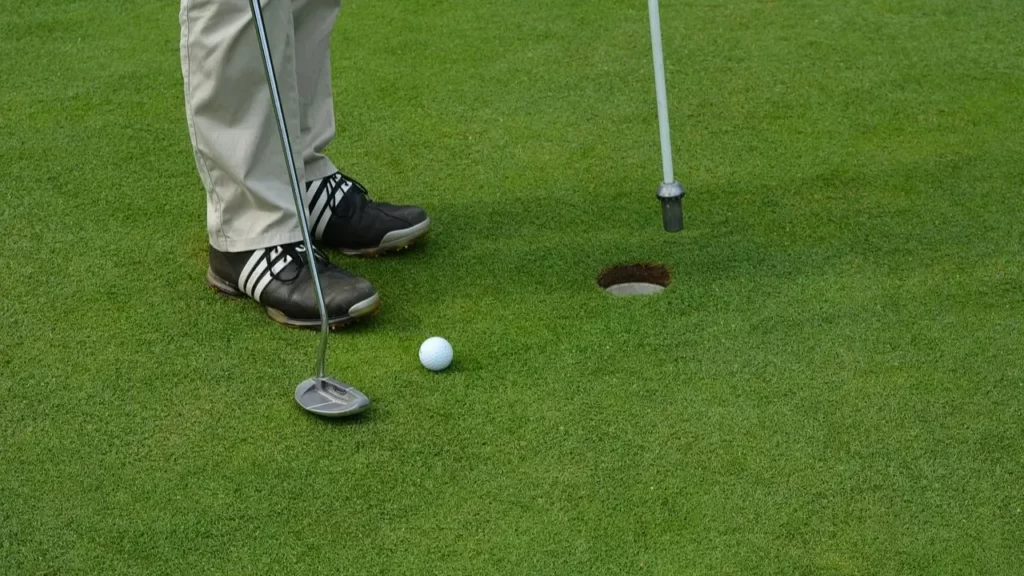 Golfer removing golf hole flag to putt golf ball on golf course