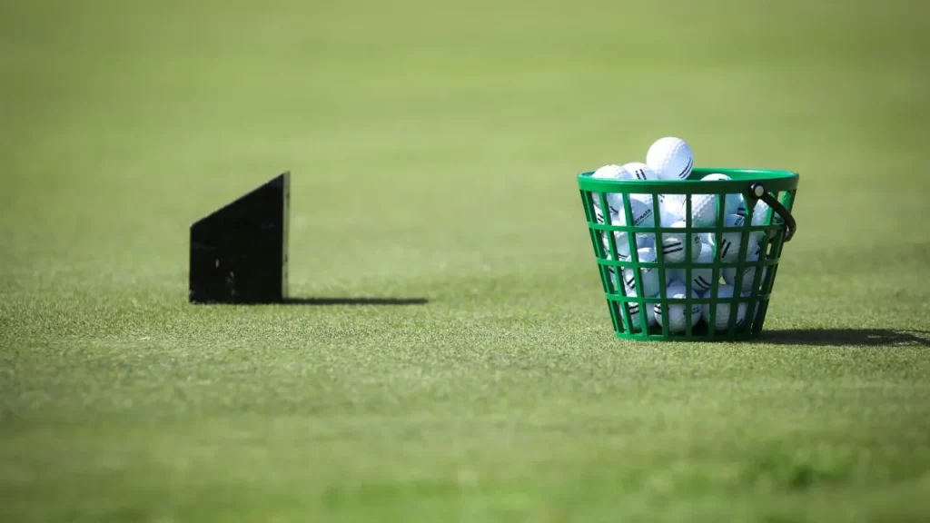Golf balls in basket on golf course