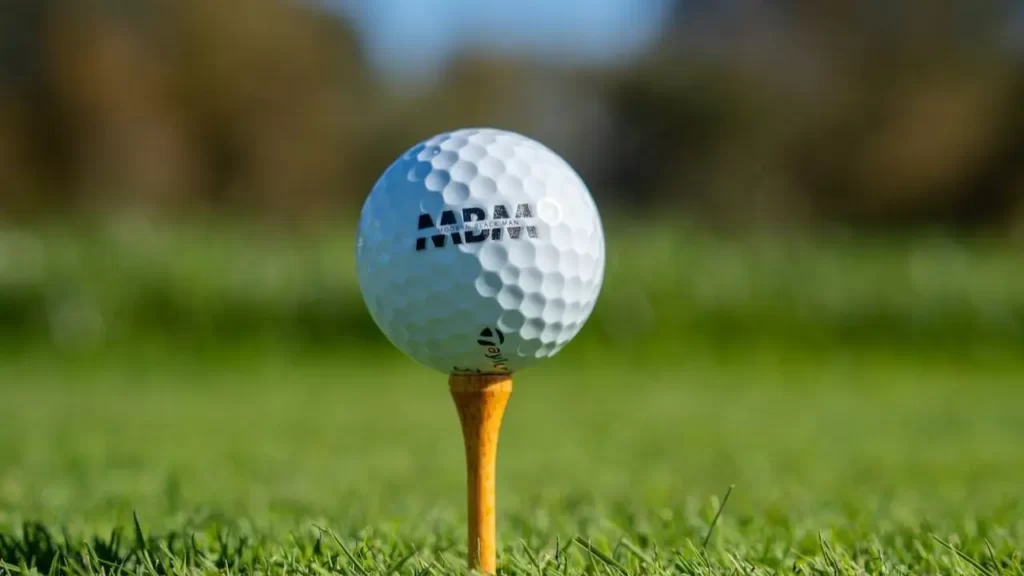 A golf ball sitting on a orange golf tee on a golf course green