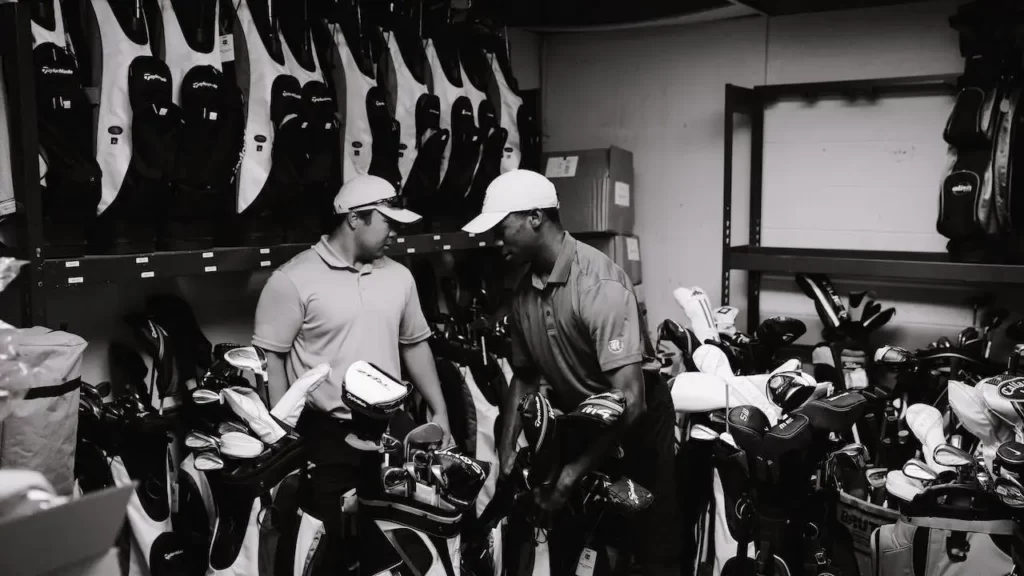 A golf pro shop with 2 golfers inside looking at new golf clubs