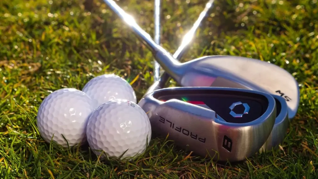 Golf irons lying on the grass with three white golf balls