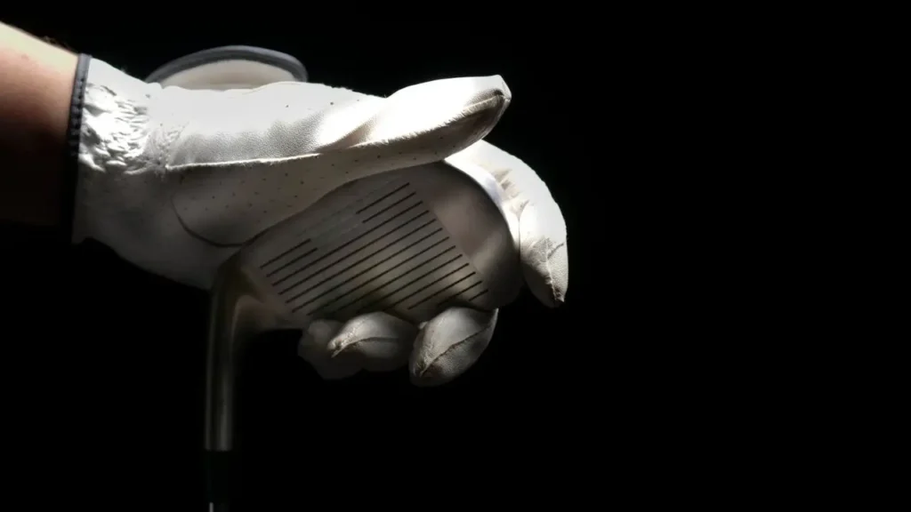 A golfer wearing a white glove holding a golf club in a black background setting