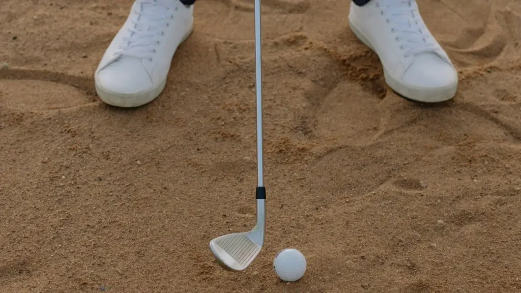 A golfer in a sand trap hitting a golf ball with a wedge