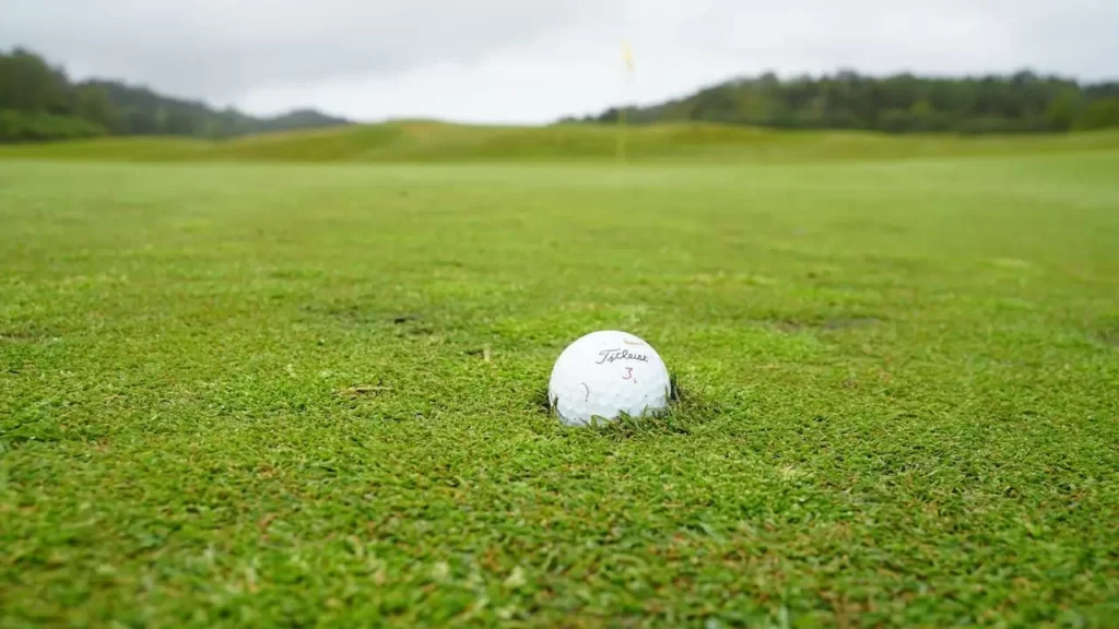 A white golf ball planted into the ground on a golf course green