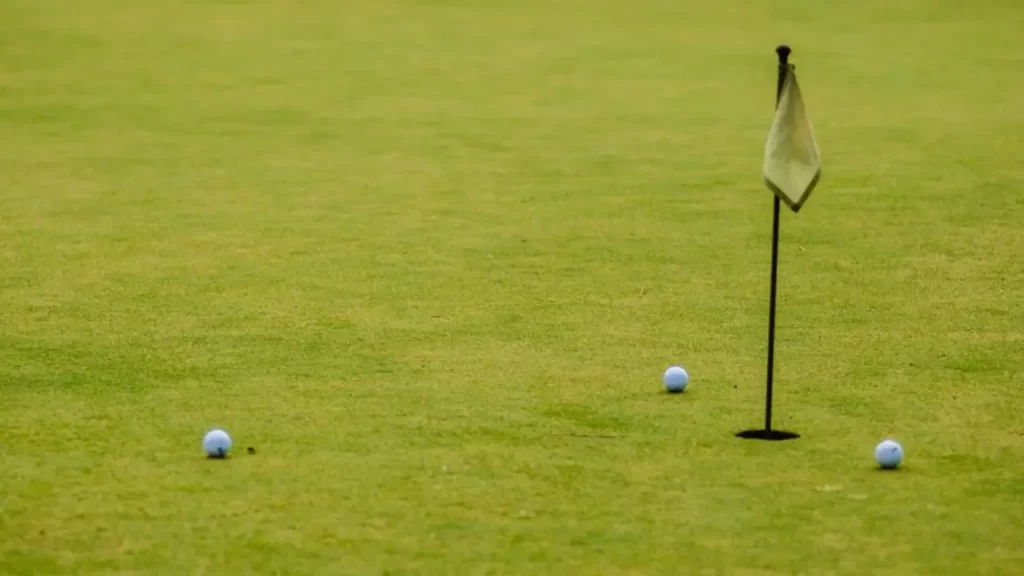 Golf balls sitting around golf hole flag