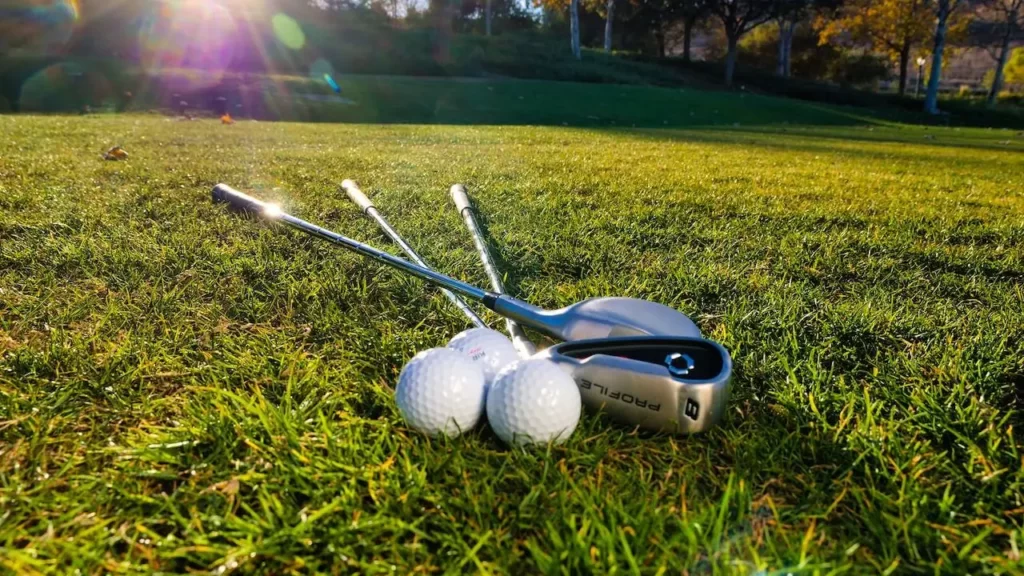 Three golf clubs laying on the grass next to a white golf ball with sunshine on it