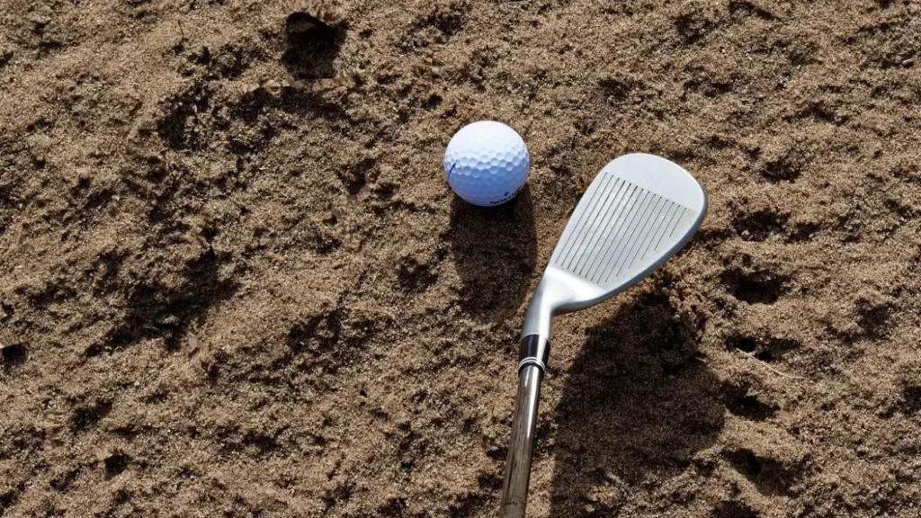 A golf wedge club lining up a golf shot to get a golf ball out of the golf bunker on a golf course