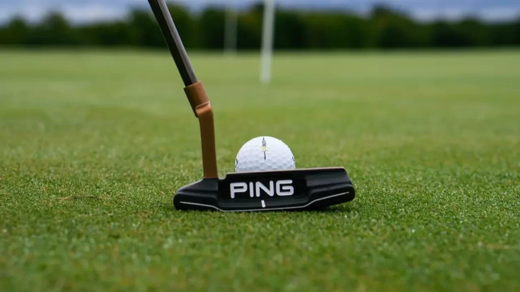 A Ping golf putter seen from behind as it is lined up to take a putt shot on the golf course green