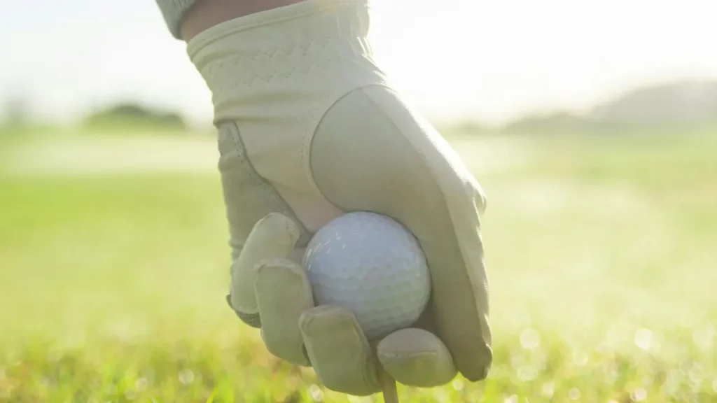 A person wearing a white golf glove holding a white golf ball and a tee on a golf course green