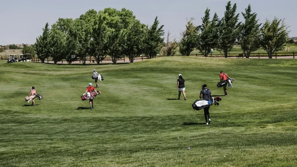 A group of golfers walking on a golf course with their golf bags and caddies towards their ball