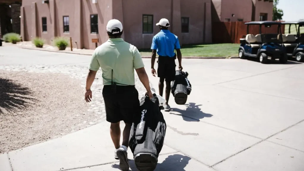 Two golfers carrying golf bags on a golf course